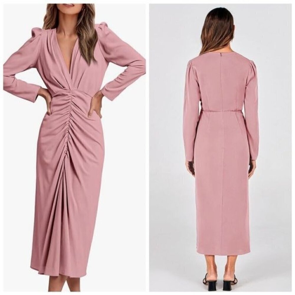 PRETTYGARDEN Long Sleeve Deep V Neck Ruched Slit Maxi Cocktail Dress